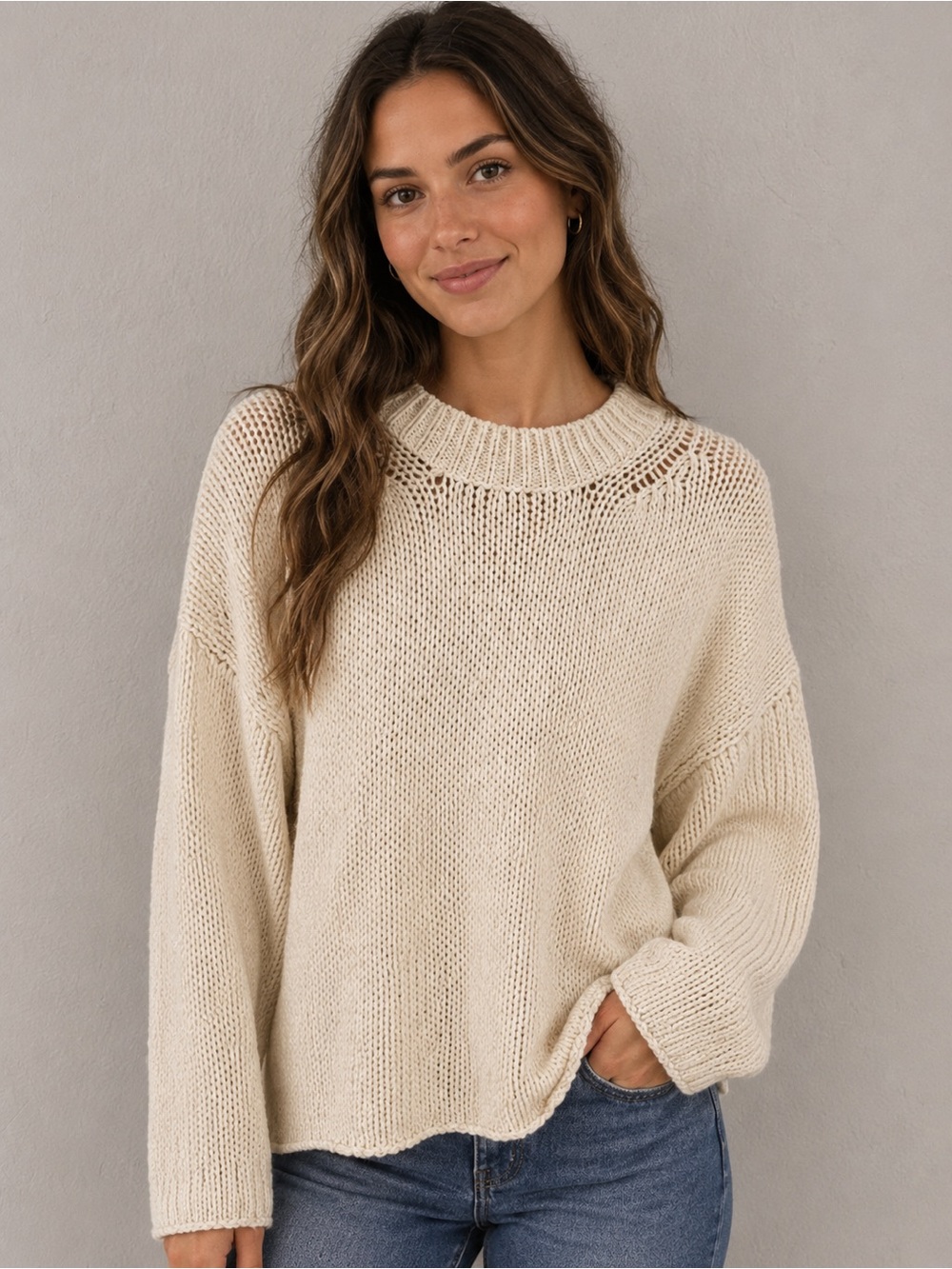 Massimo Dutti Made in Italy Cream Oversized Knit Drop Sleeve Crewneck Sweater